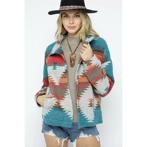 Blue B Aztec Grey, Orange, Teal Jacket Western Boho Cozy Pockets Soft Comfy Sz S